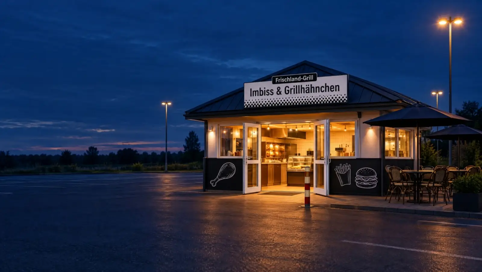 Der Frischland-Grill in der Abenddämmerung, drinnen leuchtet warmes Licht